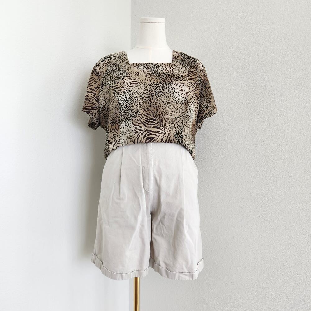 Vintage 90s Animal Print Square Neck Short Sleeve Cropped Lined Blouse Nygard L